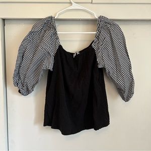 Anthropologie Gingham Puff Sleeve Ruched Top